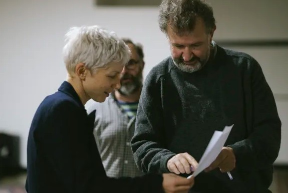 Actor Rebecca Bower and Francis Greenslade in rehearsals