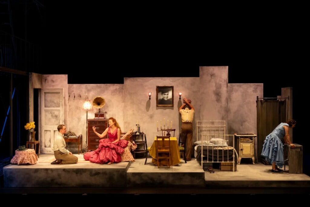 The Glass Menagerie MTC (2026): Harry McGee, Alison Whyte, Tim Draxl and Millie Donaldson. Photo © Pia Johnson