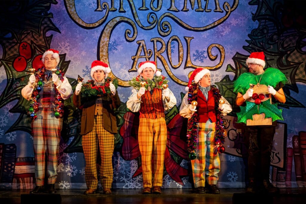 Christmas Carol Goes Wrong original West End Cast. Photos: Matt Crockett and Mark Senior