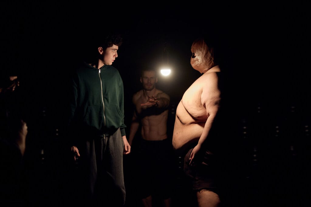 Ryan Yeates, Stephen Madsen and Shalamah Tautaiolefue in Equus, KXT on Broadway (2026). Photo: Daniel Boud